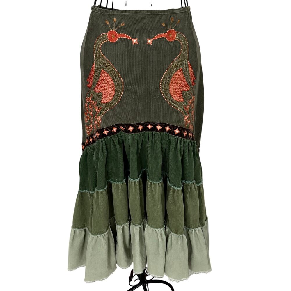 Vintage Y2K Miss Me Corduroy Embroidered Ruffle Boho Maxi Skirt Rockabilly Indie